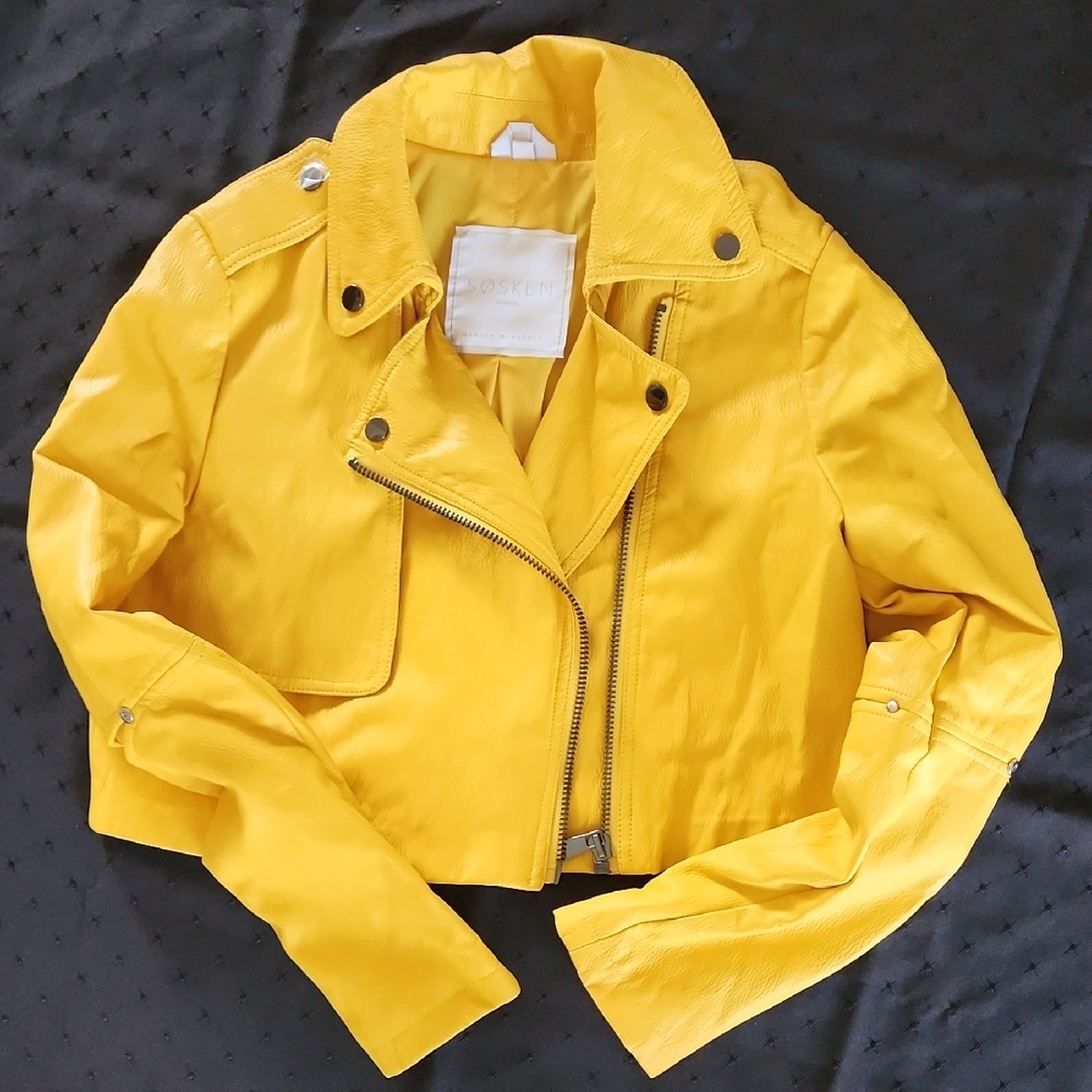 HALLE Yellow Vegan Leather Cropped Moto Jacket